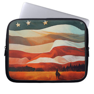 Cowboy Riding into Flag Sunset   Laptop Sleeve