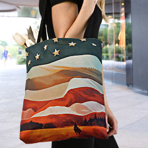 Cowboy Riding into Flag Sunset Tote Bag
