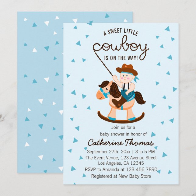 Cowboy Rocking Horse Blue Boy Baby Shower  Invitation (Front/Back)