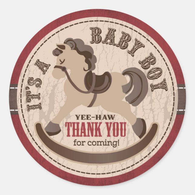 Cowboy Rocking Horse Western Baby Shower Classic Round Sticker (Front)