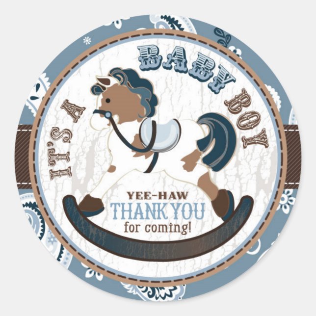 Cowboy Rocking Horse Western Baby Shower Classic Round Sticker (Front)