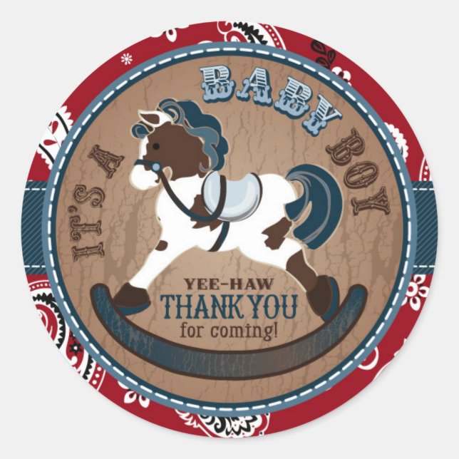 Cowboy Rocking Horse Western Baby Shower Classic Round Sticker (Front)