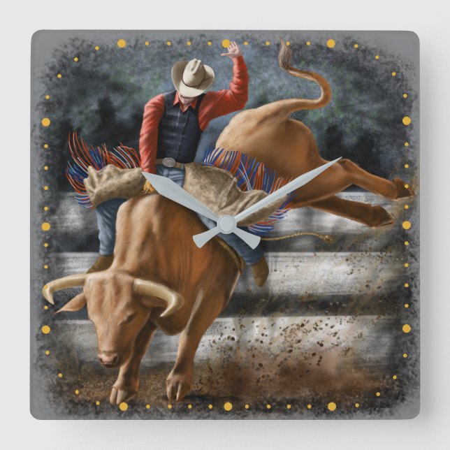 Cowboy Rodeo Rider Bucking Bull Western Theme Square Wall Clock (Front)