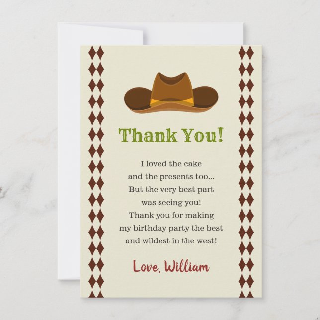 Cowboy Rodeo Wild West Kids Boys Birthday Party Thank You Card (Front)