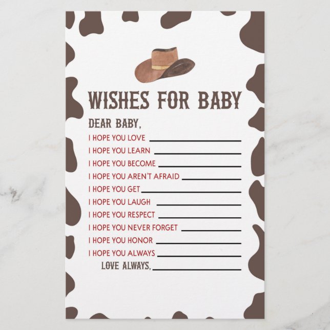 Cowboy Rodeo Wishes For Baby Shower Activity Stationery (Front)