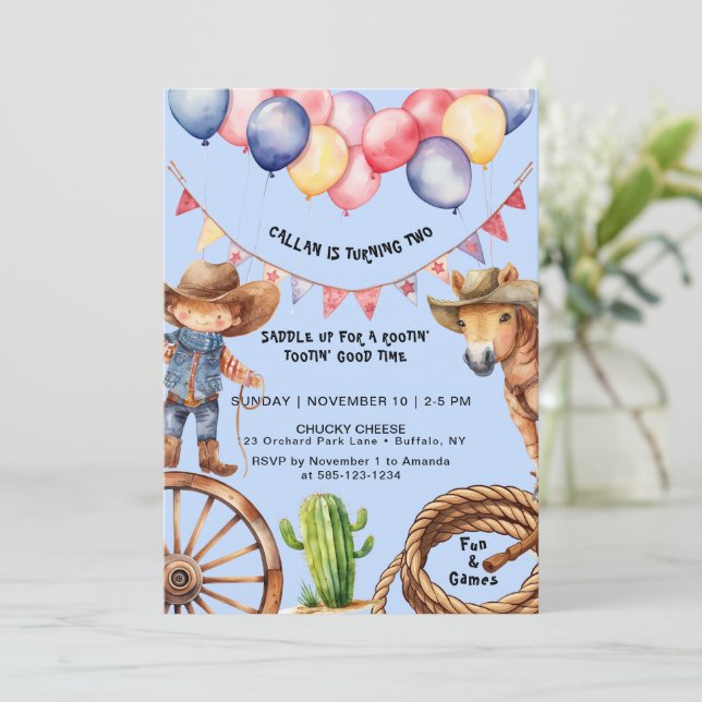 Cowboy Rootin'Rootin' Time Birthday Invitation (Standing Front)