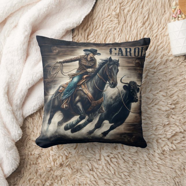 Cowboy Roping a Bull at Rodeo Event Cushion (Blanket)