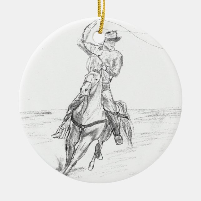 Cowboy Roping Ceramic Tree Decoration (Front)