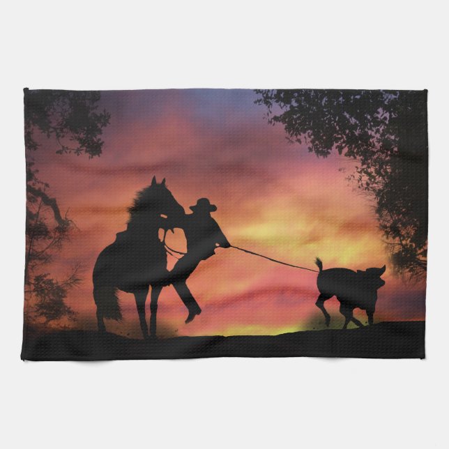 cowboy Roping Rodeo  Tea Towel (Horizontal)