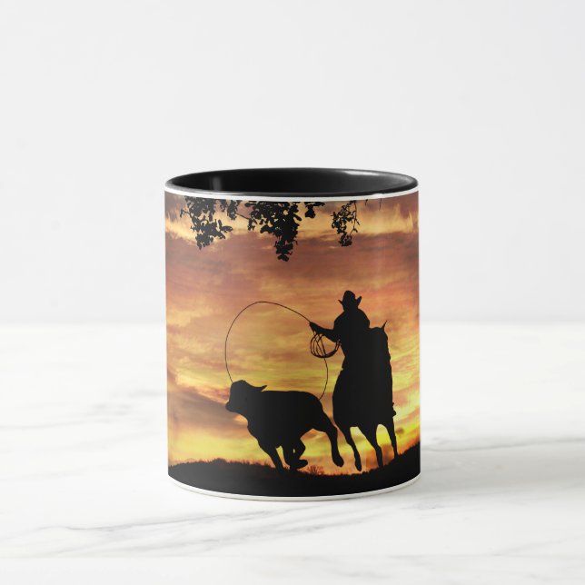 Cowboy Roping Steer at Sunset Mug (Center)