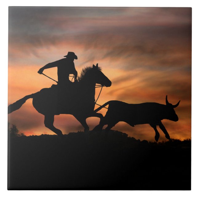 Cowboy Roping Steer at Sunset Tile (Front)