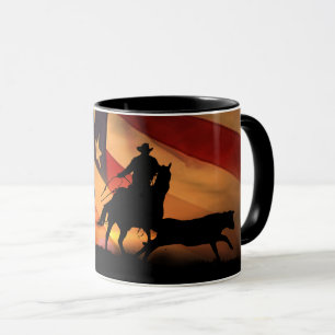 Cowboy Roping with American Flag Mug