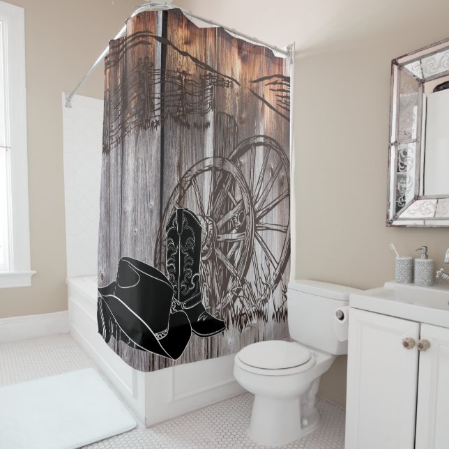 Cowboy Rustic Barnwood Wagon Wheel Shower Curtain (In Situ)