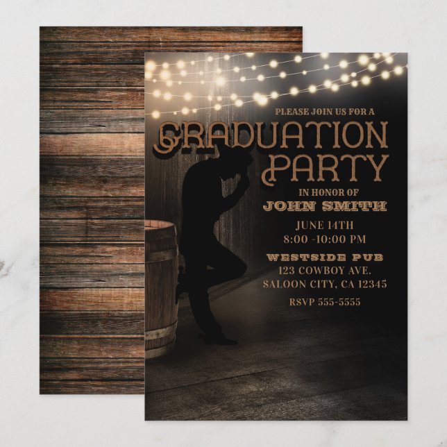 Cowboy Rustic Country Saloon Pub Graduation Party Invitation (Front/Back)