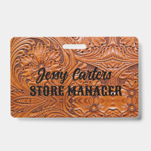Cowboy Rustic Western Country Tooled Leather  ID Badge