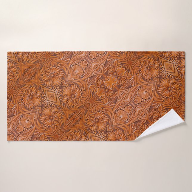 Cowboy Rustic western country tooled leather print Bath Towel (Bath Towel)