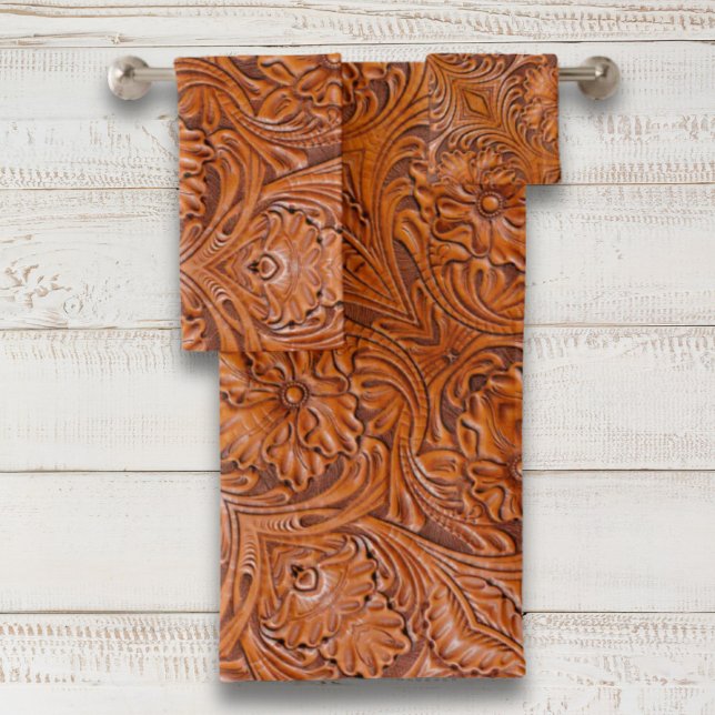 Cowboy Rustic western country tooled leather print Bath Towel Set (Cowboy Rustic western country tooled leather print Bath Towel Set)