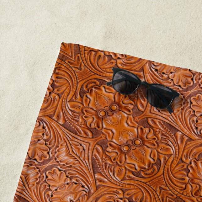 Cowboy Rustic western country tooled leather print Beach Towel (In Situ)