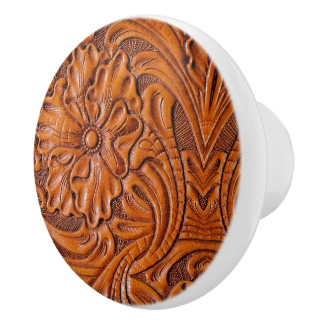 Cowboy Rustic Western Country Tooled Leather Print Ceramic Knob (Right)