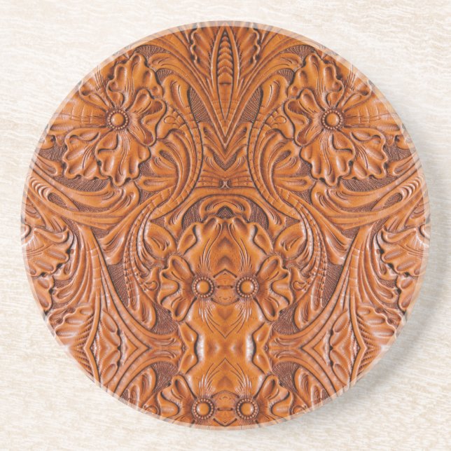 Cowboy Rustic western country tooled leather print Coaster (Front)