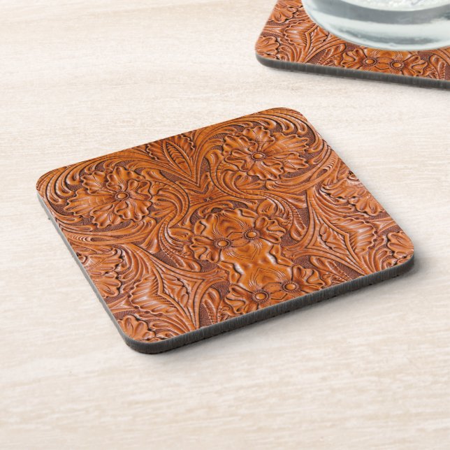 Cowboy Rustic western country tooled leather print Coaster (Left Side)