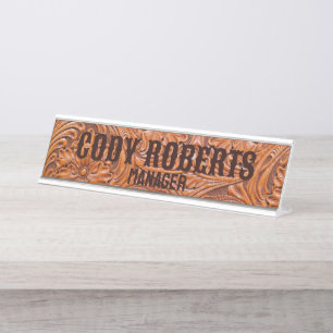 Cowboy Rustic western country tooled leather print Desk Name Plate