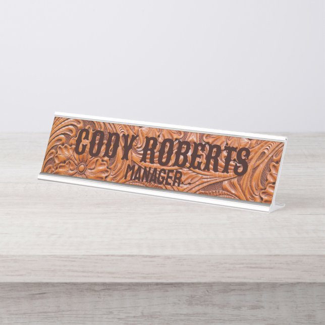 Cowboy Rustic western country tooled leather print Desk Name Plate (Front)