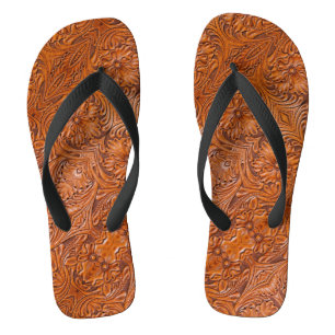 Cowboy Rustic western country tooled leather print Flip Flops