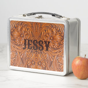 Cowboy Rustic western country tooled leather print Metal Lunch Box