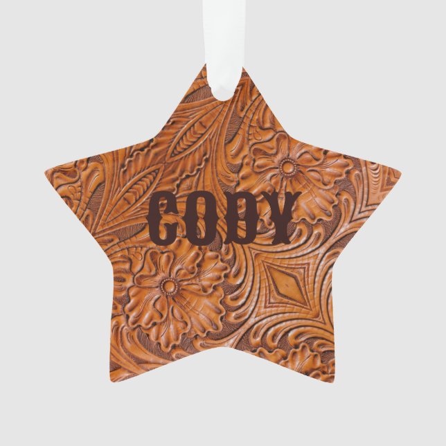 Cowboy Rustic western country tooled leather print Ornament (Front)