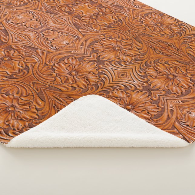 Cowboy Rustic western country tooled leather print Sherpa Blanket (3/4)