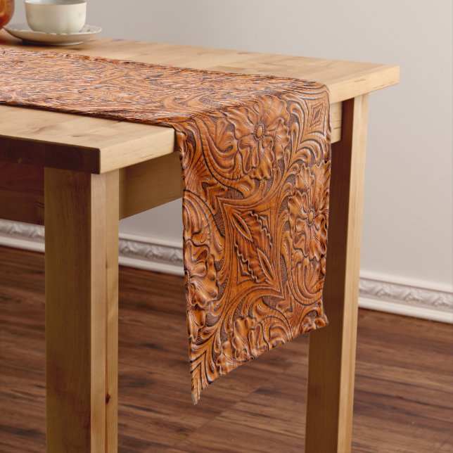 Cowboy Rustic western country tooled leather print Short Table Runner (In Situ)
