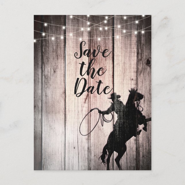 Cowboy Rustic Wood Barn Country Save the Date Announcement Postcard (Front)