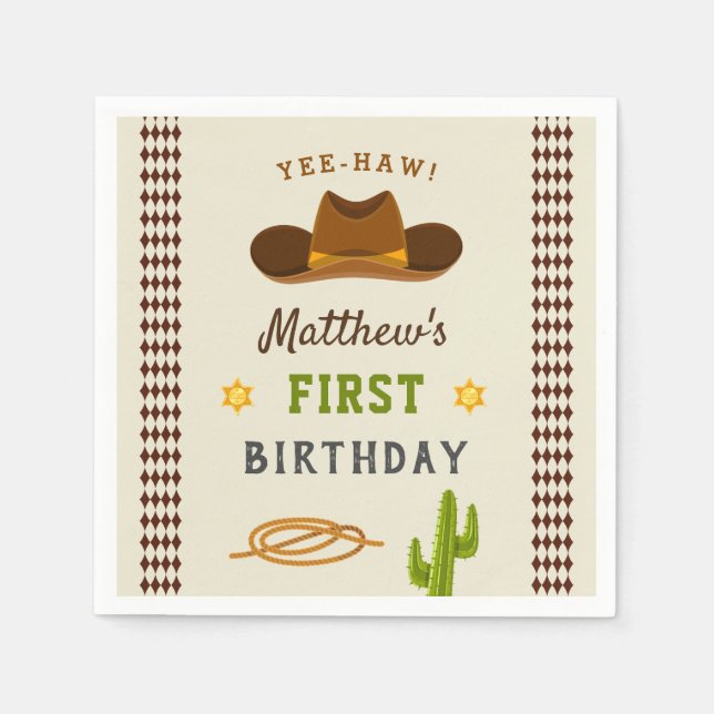 Cowboy Saloon Boy Wild West 1st Birthday Party Napkin (Front)