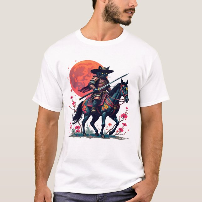 Cowboy Samurai Black Cat horse Unique gift cherry  T-Shirt (Front)