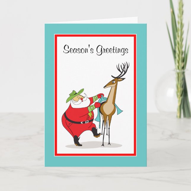 Cowboy Santa and Reindeer Holiday Greeting Card (Front)