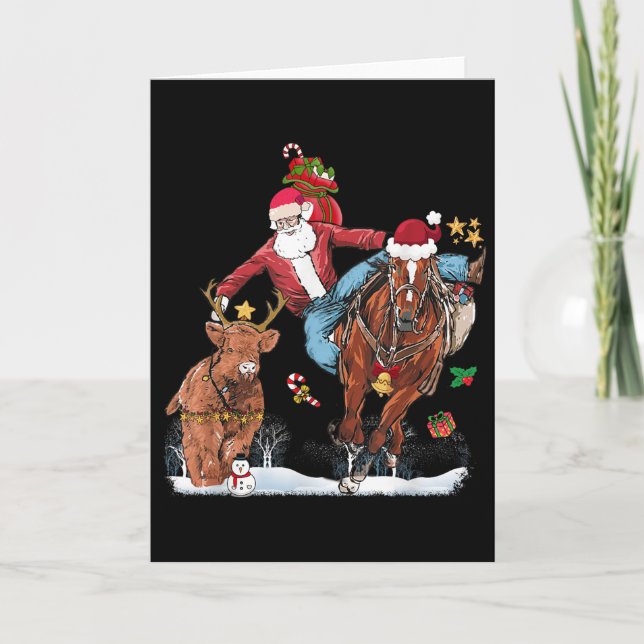 Cowboy Santa Bulldogging Western Cowboy Xmas Funny Card (Front)