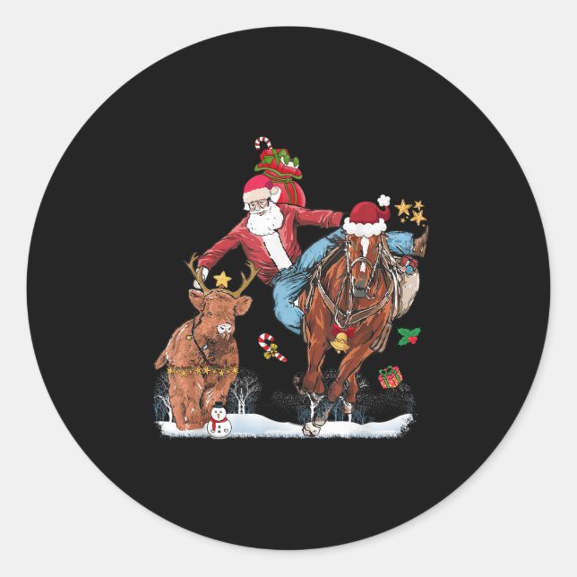 Cowboy Santa Bulldogging Western Cowboy Xmas Funny Classic Round Sticker (Front)