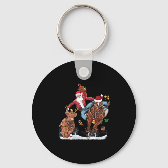 Cowboy Santa Bulldogging Western Cowboy Xmas Funny Key Ring (Front)