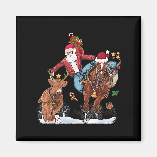 Cowboy Santa Bulldogging Western Cowboy Xmas Funny Magnet (Front)