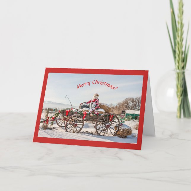 Cowboy Santa Christmas Wagon with Hay Bales Card