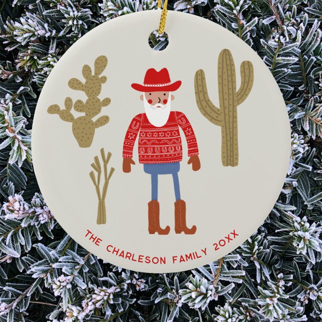 Cowboy Santa Claus Christmas Custom Text Ceramic Tree Decoration (Fun Cowboy Santa Claus Western Christmas Holidays personalized name date ceramic ornament)