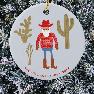 Cowboy Santa Claus Christmas Custom Text Ceramic Tree Decoration