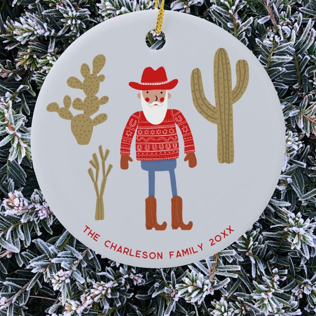 Cowboy Santa Claus Christmas Custom Text Ceramic Tree Decoration (Fun Cowboy Santa Claus Western Christmas Holidays personalized name date ceramic ornament)