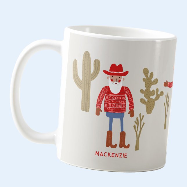 Cowboy Santa Claus Christmas Custom Text Coffee Mug (Fun Cowboy Santa Claus personalized custom text  or name Western Christmas ceramic coffee mug)