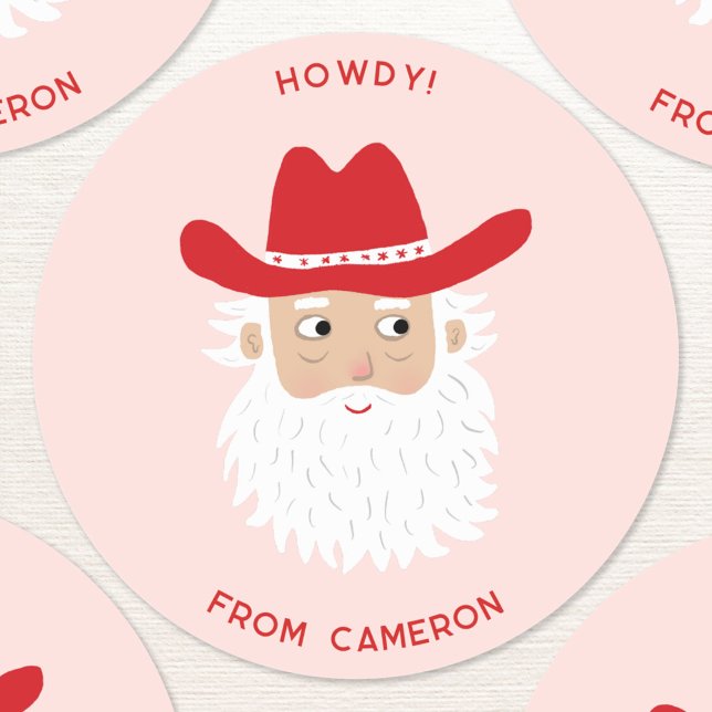 Cowboy Santa Claus Christmas Custom Text Pink Classic Round Sticker (Fun Cowboy Santa Claus Western Christmas Holiday custom text sticker)