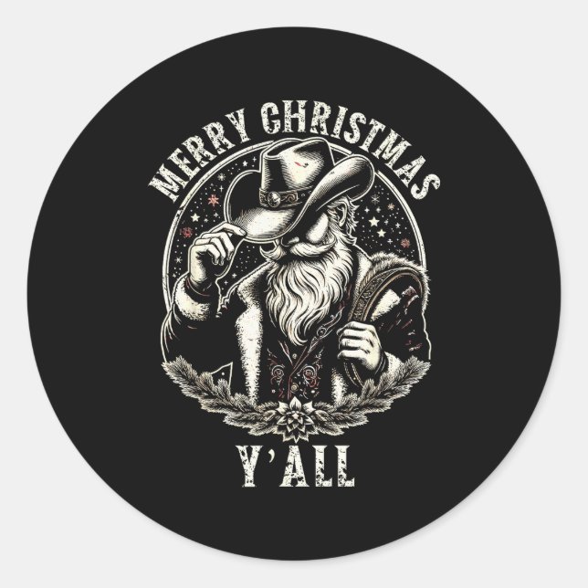 Cowboy Santa Claus Merry Christmas Y'all Western C Classic Round Sticker (Front)