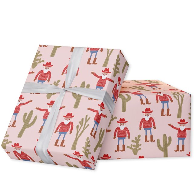 Cowboy Santa Claus Pink Christmas Wrapping Paper (Fun Cowboy Santa Claus Western Christmas Holiday gift wrapping paper roll)