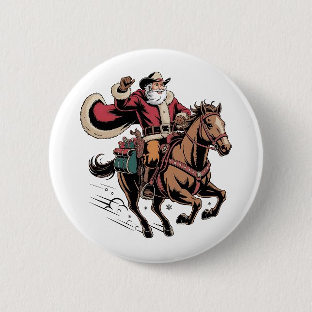 Cowboy Santa Claus Riding A Horse Christmas  6 Cm Round Badge (Front)