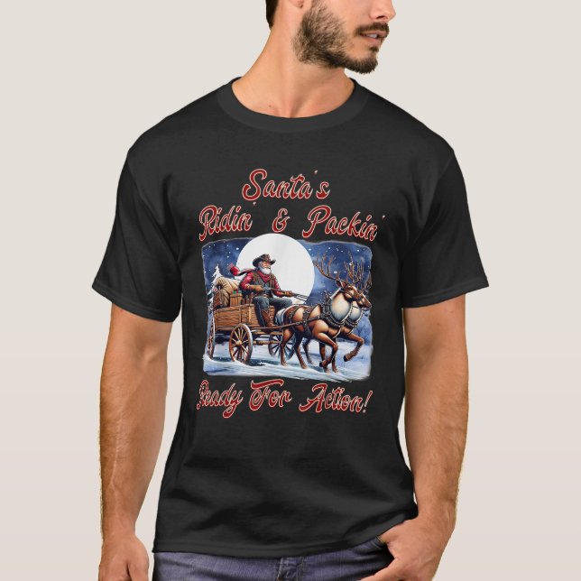 Cowboy Santa Claus Wagon Christmas Holiday Spirit  T-Shirt (Front)